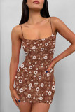 Baby Blue Sexy Flowers Print Contrast Printed Dresses