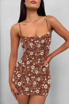 Brown Sexy Flowers Print Contrast Printed Dresses