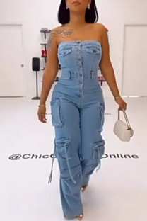 Blue Street Solid Color Pocket Buckle Patchwork Strapless Sleeveless Regular Denim Jumpsuits