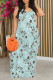 Blue Sexy Floral Print Contrast V Neck Printed Dresses