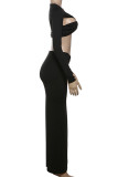 Black Sexy Solid Color Hollow Out Patchwork Asymmetrical Collar Long Sleeve Two Pieces