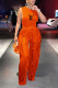 Orange Casual Letter Print Fringed Trim O Neck Sleeveless Two Pieces