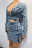 Blue Street Solid Color Pocket Buckle Patchwork Slit Turndown Collar Long Sleeve Two Pieces