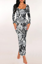 Snake Print Casual Geometric Print Snakeskin Print Contrast O Neck One Step Skirt Dresses