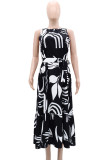 Black Elegant Print Patchwork O Neck Long Dresses