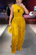 Yellow Casual Letter Print Fringed Trim O Neck Sleeveless Two Pieces