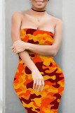 Orange Sexy Camouflage Print Contrast Strapless Printed Dresses