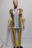 White Casual Hollow Out Buckle Patchwork Contrast Turndown Collar Three Quarter Two Pieces