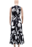 Black Elegant Print Patchwork O Neck Long Dresses