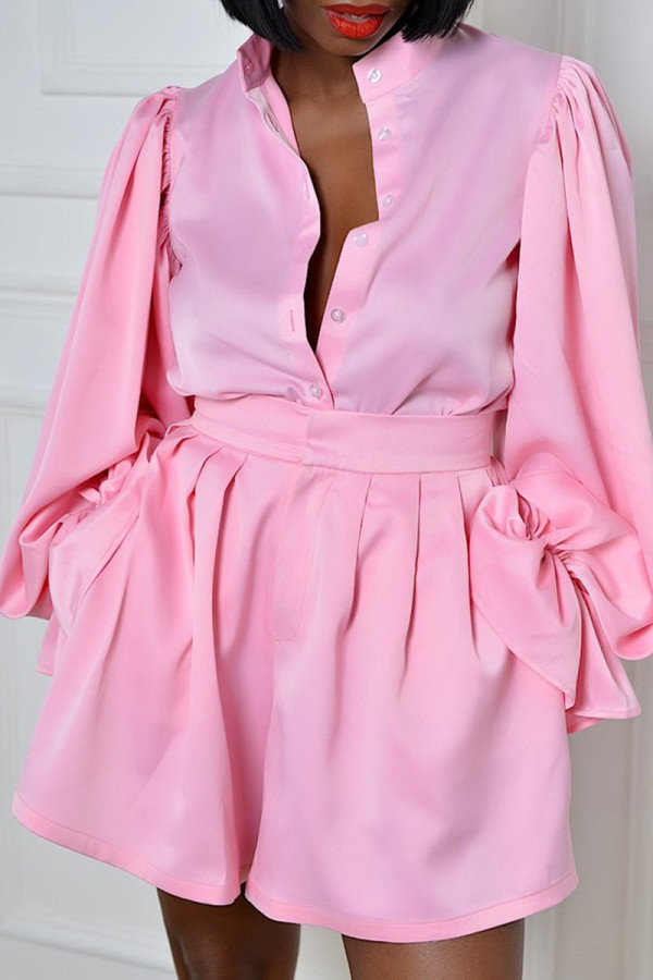 Pink Casual Solid Color Buckle Patchwork Ruched Button Collar Long Sleeve Two Pieces