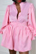Pink Casual Solid Color Buckle Patchwork Ruched Button Collar Long Sleeve Two Pieces