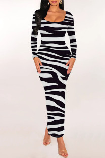 Black White Casual Geometric Print Snakeskin Print Contrast O Neck One Step Skirt Dresses
