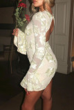 Apricot Elegant Flowers Patchwork Backless O Neck Wrapped Skirt Dresses
