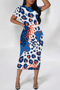 Blue White Casual Geometric Print Graffiti Print Contrast O Neck One Step Skirt Short Sleeve Dress