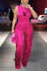 Rose Red Casual Letter Print Fringed Trim O Neck Sleeveless Two Pieces