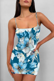 Baby Blue Sexy Flowers Print Contrast Printed Dresses