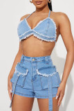Blue Sexy Solid Color Pocket Buttons Patchwork Backless Zipper Halter Sleeveless Two Pieces