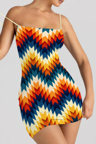 Multicolor Sexy Print Patchwork Backless Spaghetti Strap Sling Dresses