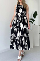 Black Elegant Print Patchwork O Neck Long Dresses