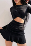 Black Sexy Solid Color Patchwork Ruched O Neck Long Sleeve Two Pieces