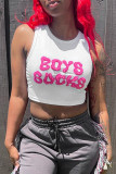 White Sexy Letters Patchwork O Neck Tops