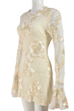 Apricot Elegant Flowers Patchwork Backless O Neck Wrapped Skirt Dresses