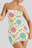 Baby Blue Sexy Flowers Print Contrast Printed Dresses