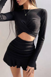Black Sexy Solid Color Patchwork Ruched O Neck Long Sleeve Two Pieces