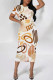 White Casual Geometric Print Graffiti Print Contrast O Neck One Step Skirt Short Sleeve Dress