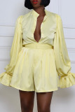Pink Casual Solid Color Buckle Patchwork Ruched Button Collar Long Sleeve Two Pieces
