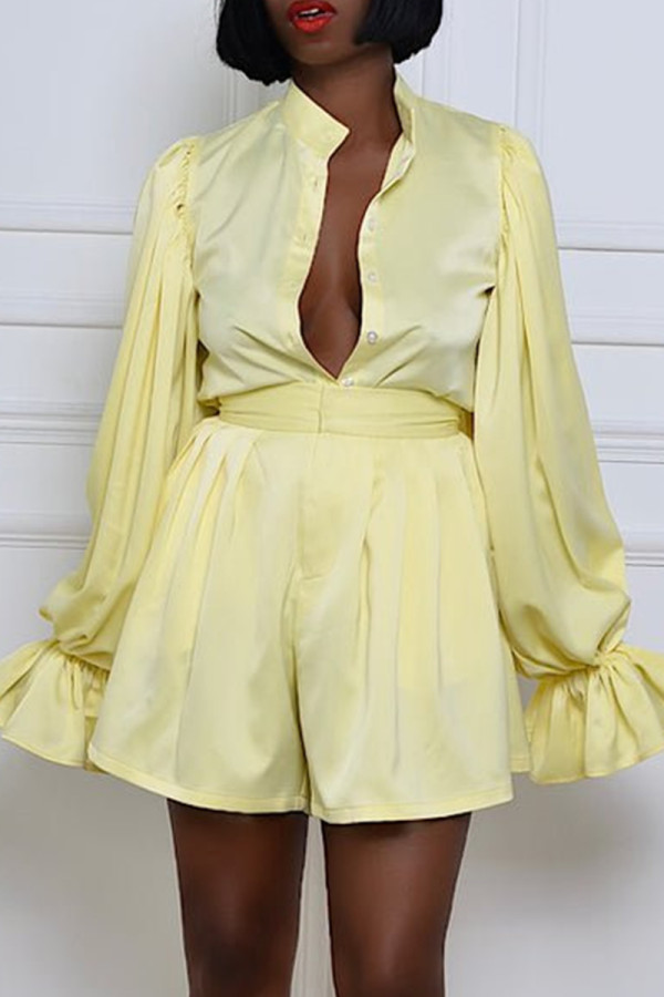 Yellow Casual Solid Color Buckle Patchwork Ruched Button Collar Long Sleeve Two Pieces