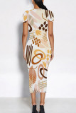 Blue White Casual Geometric Print Graffiti Print Contrast O Neck One Step Skirt Short Sleeve Dress