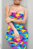 Orange Sexy Camouflage Print Contrast Strapless Printed Dresses
