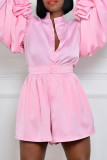 Pink Casual Solid Color Buckle Patchwork Ruched Button Collar Long Sleeve Two Pieces