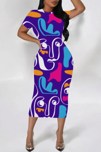 Blue Purple Casual Geometric Print Graffiti Print Contrast O Neck One Step Skirt Short Sleeve Dress