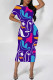 Blue Purple Casual Geometric Print Graffiti Print Contrast O Neck One Step Skirt Short Sleeve Dress