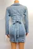 Blue Street Solid Color Pocket Buckle Patchwork Slit Turndown Collar Long Sleeve Two Pieces