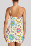 Baby Blue Sexy Flowers Print Contrast Printed Dresses