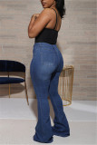 Deep Blue Fashion Casual Solid Plus Size High Waist Jeans