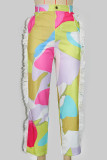 Colour Casual Print Fringed Trim Buttons Patchwork Zipper Loose High Waist Wide Leg Positioning Print Bottoms