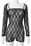 Black Sexy Solid Color Lace Patchwork See-Through Spaghetti Strap Long Sleeve Two Pieces