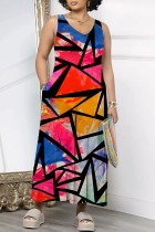 Colour Casual Geometric Print Pocket Contrast O Neck Loose Jumpsuits