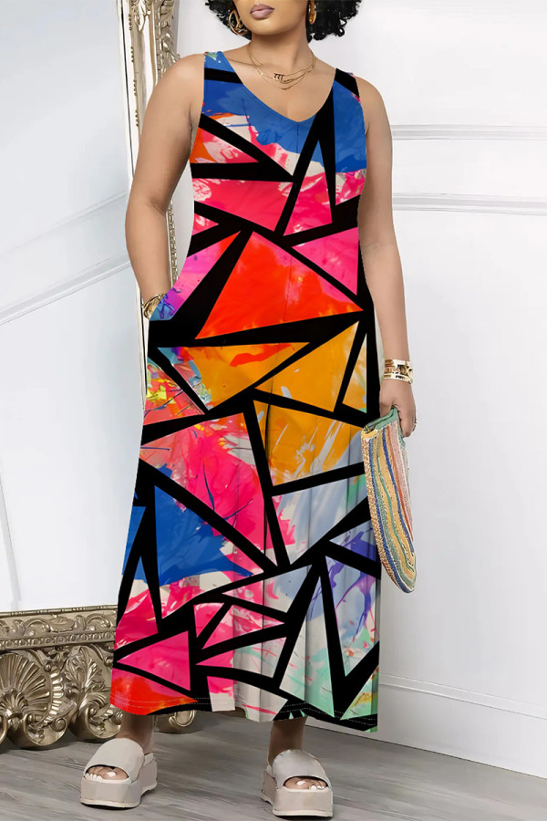 Colour Casual Geometric Print Pocket Contrast O Neck Loose Jumpsuits
