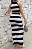Black And White Sexy Stripe Patchwork O Neck Sleeveless Two Pieces