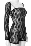 Black Sexy Solid Color Lace Patchwork See-Through Spaghetti Strap Long Sleeve Two Pieces