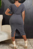 Dark Gray Celebrities Solid Color Patchwork Slit O Neck Wrapped Skirt Dresses