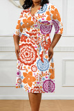 Pink Casual Floral Print Splashed ink printing Lace Up Contrast V Neck Printed Plus Size Dresses
