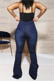 Deep Blue Fashion Casual Solid Plus Size High Waist Jeans