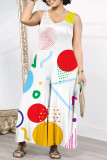 White Blue Red Casual Geometric Print Pocket Contrast O Neck Loose Jumpsuits