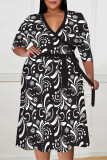 Pink Casual Floral Print Splashed ink printing Lace Up Contrast V Neck Printed Plus Size Dresses